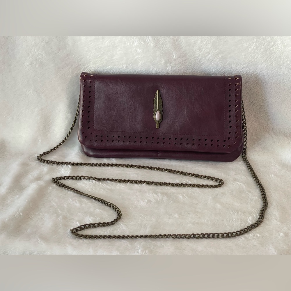 Vegan leather wallet clutch Crossbody, purse, burgundy red rose quartz feather
